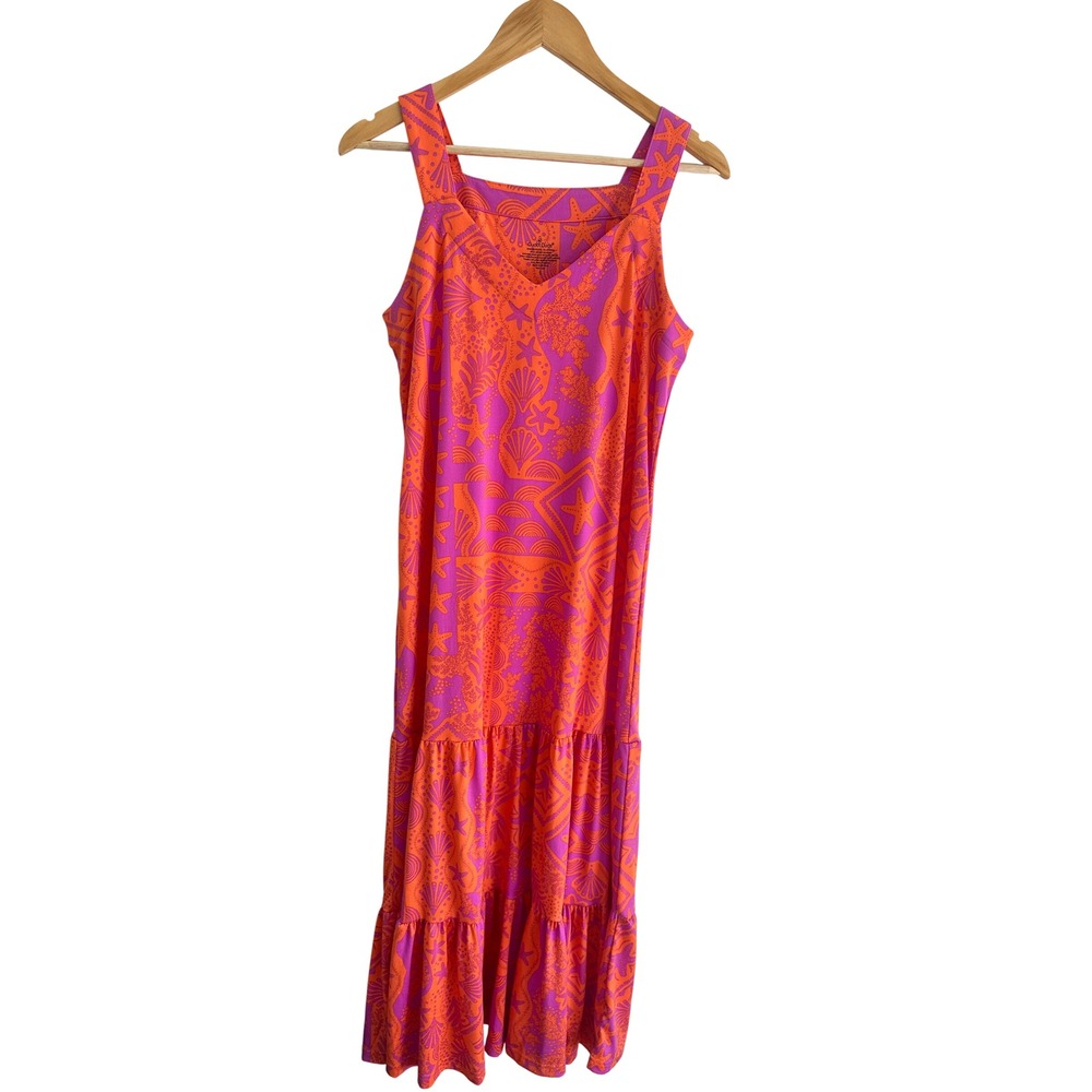 Cuddl Duds Orange Purple Starfish Shell Print Tiered Nightgown Dress Small